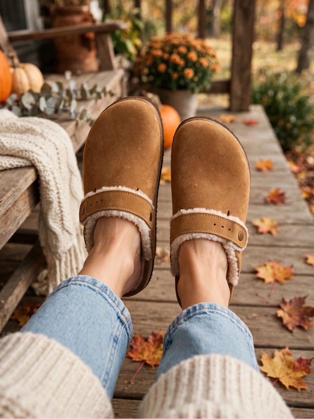 White Mountain Chestnut Suede Shearling Clogs